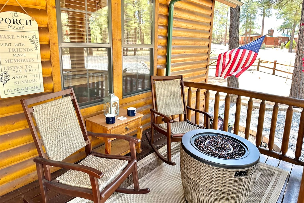 Relax with a cup of coffee or coco on the front porch in a cozy rocking chair.