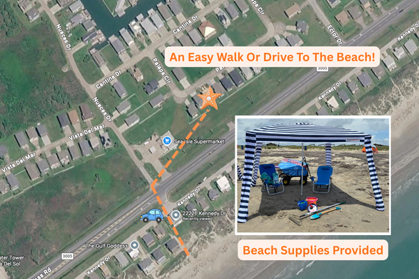 Getting to the beach is an easy walk (or drive)! Simply load up the provided cart and beach gear and head out the back gate. Your toes will be in the sand in less than 5 minutes!