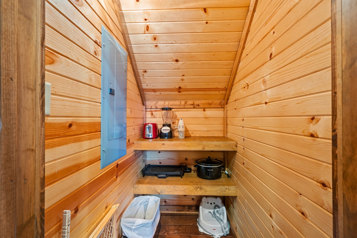 A dedicated pantry offers plenty of storage and helps keep everything organized, especially for longer or extended stays.