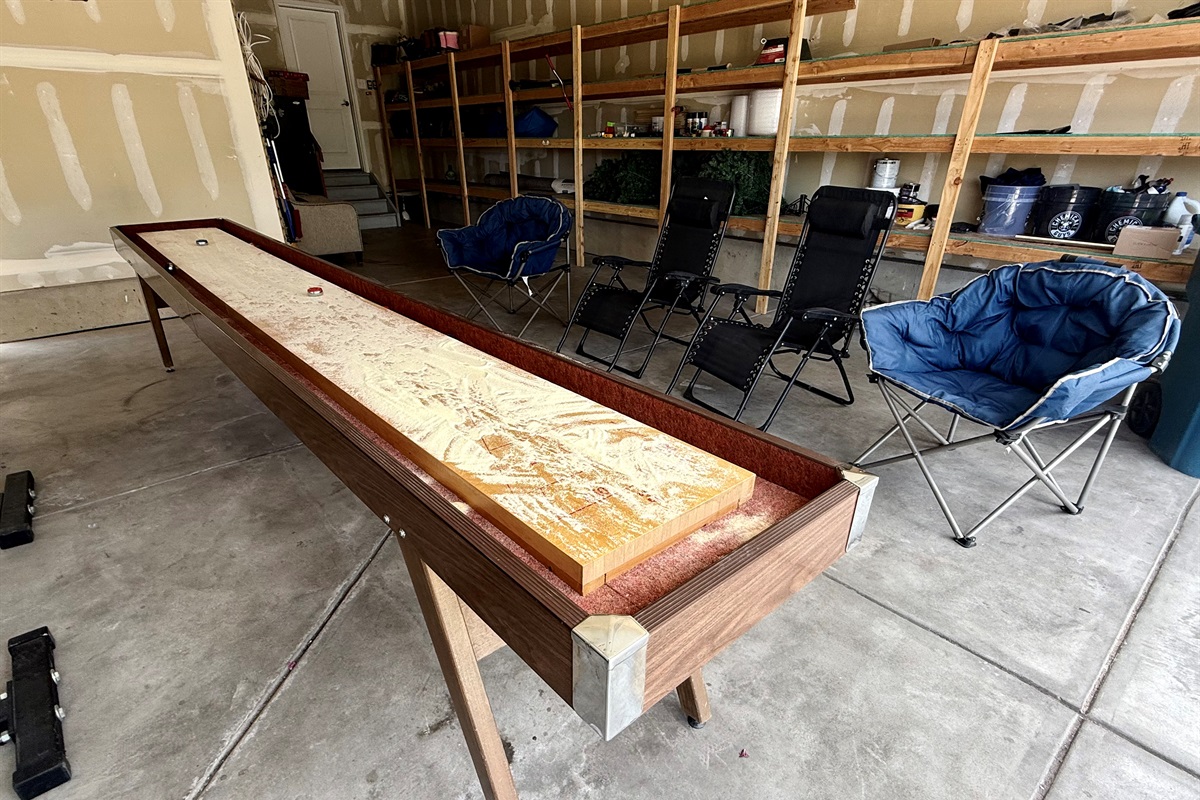Garage area transformed into shuffleboard game room!