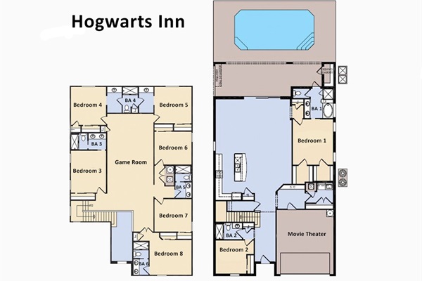 Floor Plan- Hogwarts Inn (The following bedrooms and bathrooms are labeled per this plan.)