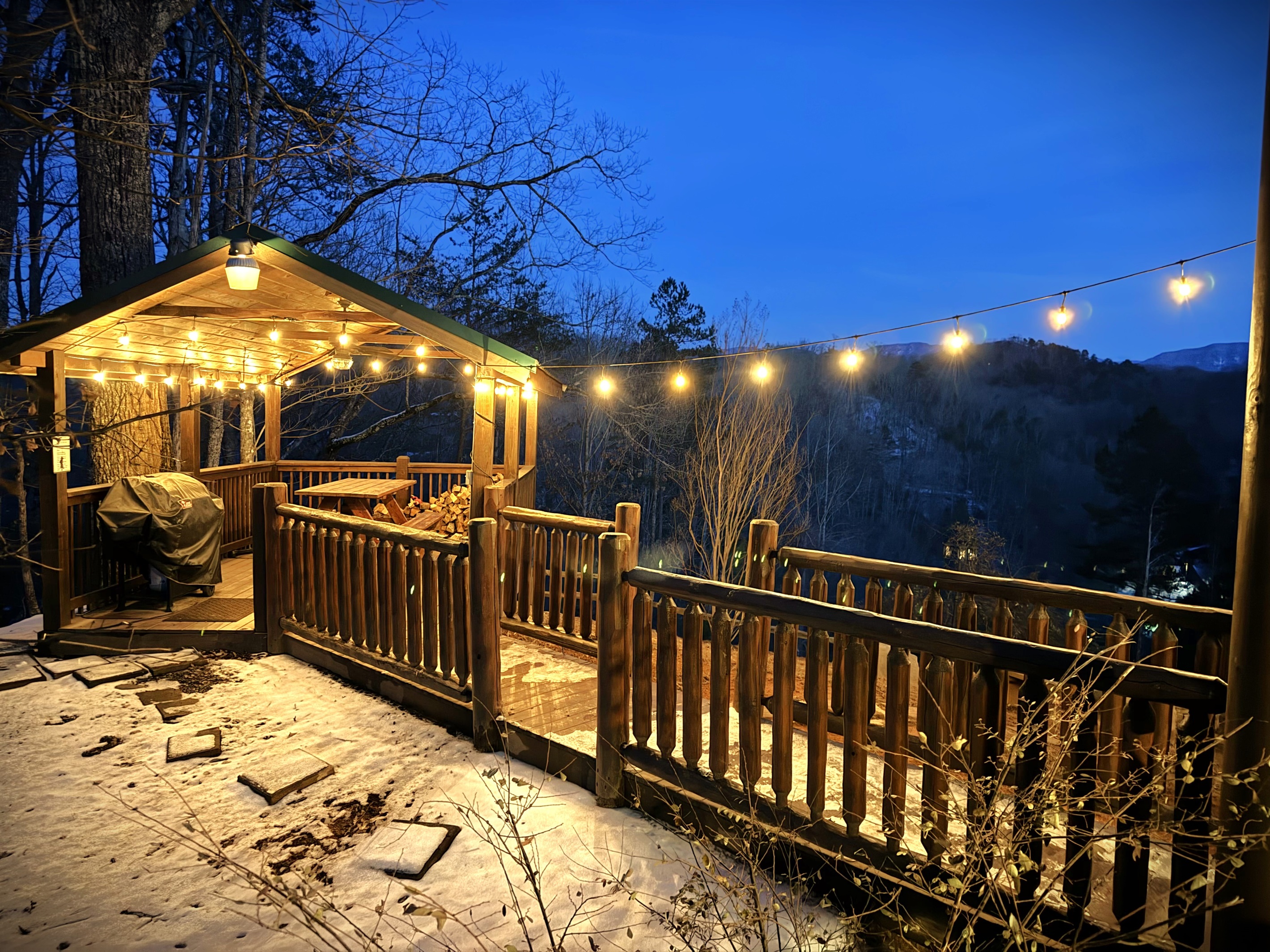 Nighttime view of picnic area with lights