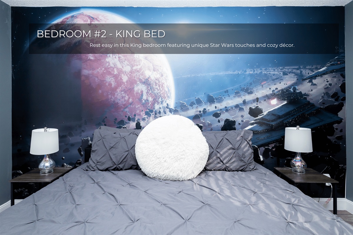 Bedroom 2 takes you to a galaxy far, far away with Star Wars accents and cozy comfort.