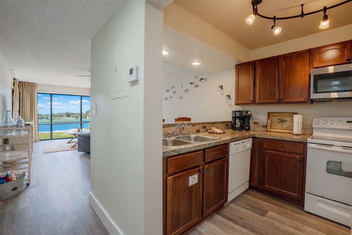 Kitchen area looking into the living area