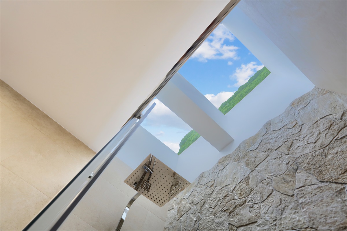 Modern shower with natural light from a skylight, creating a unique and relaxing experience.