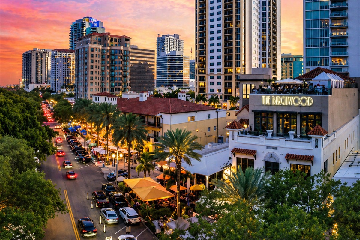 Downtown St. Pete along Central Ave, just a 5–7 minute drive away—home to rooftop dining, lively nightlife, and some of the city’s best restaurants, all set against a vibrant skyline.