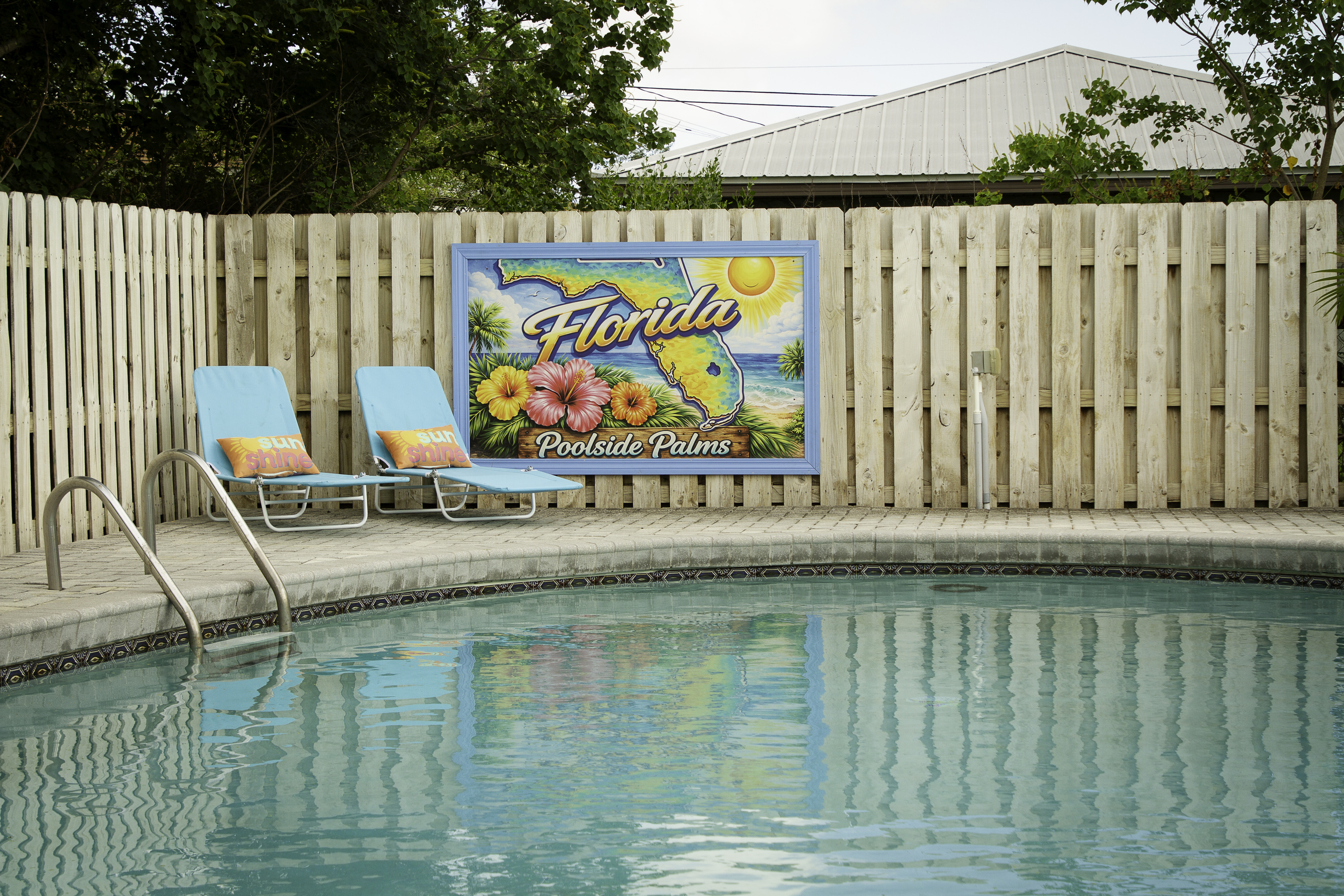 A view of our logo sign by the pool