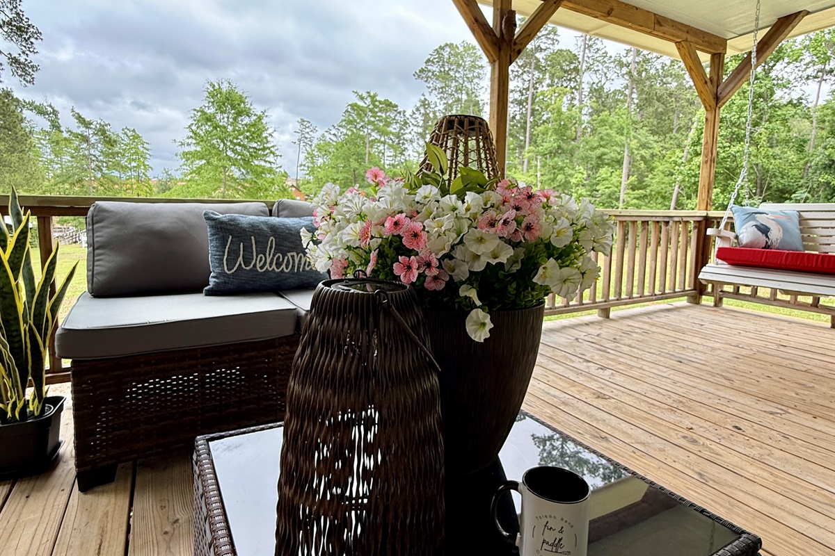 Covered porch with lake views