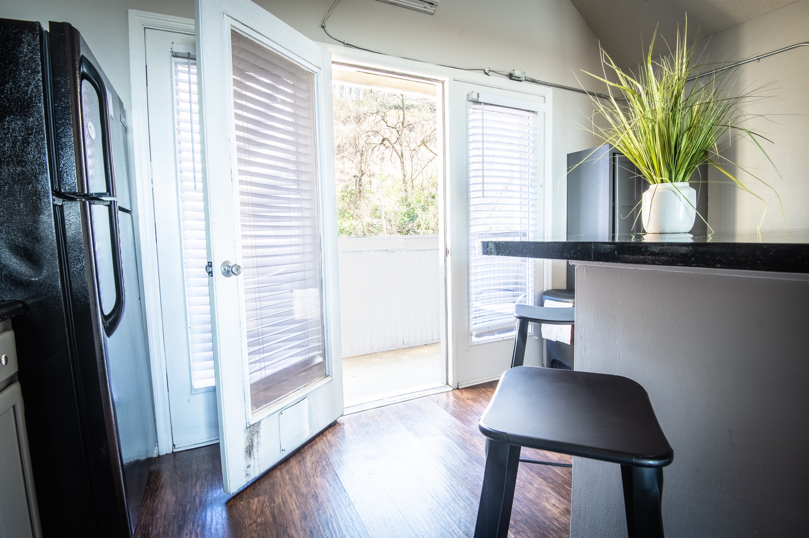 Through the kitchen is the doorway to the balcony area, which faces the park/woods side of the property. 