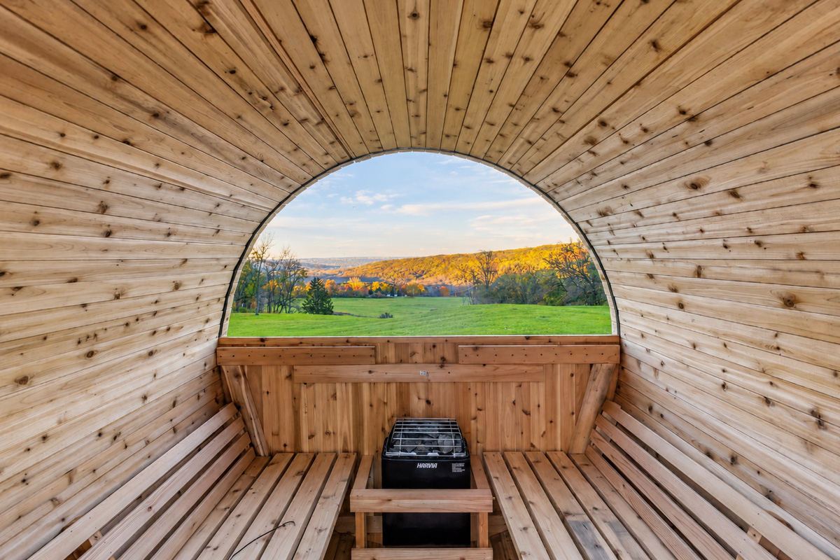 Barrel sauna with circular window overlooking the yard