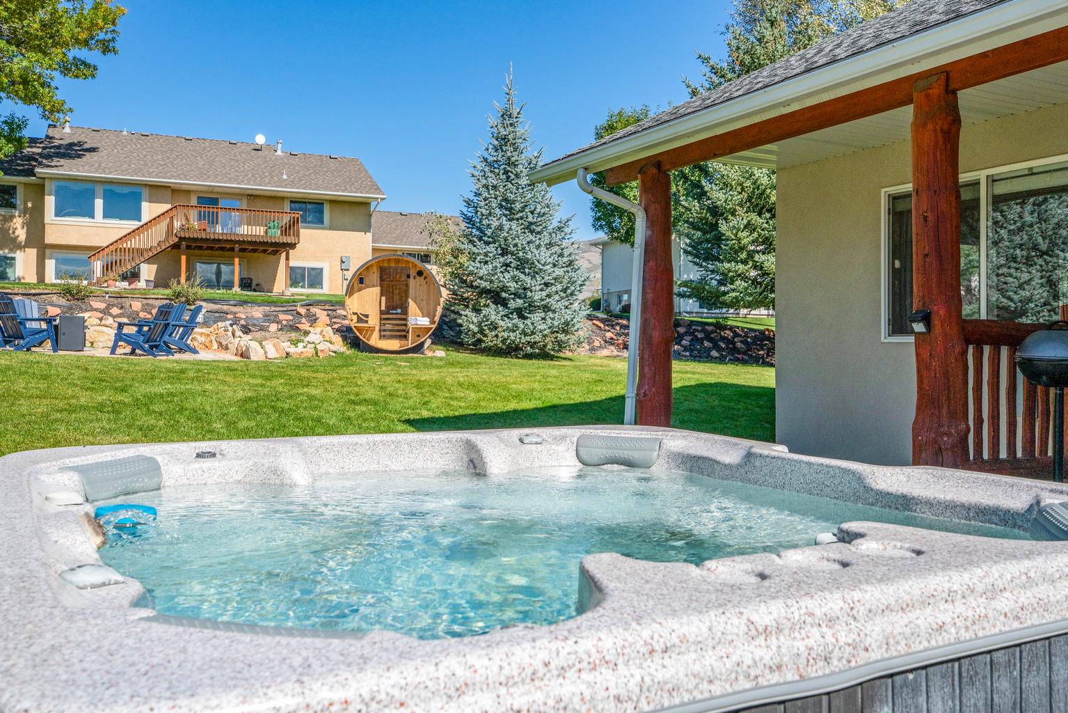 Relax sore muscles after days filled with adventure in either the barrel sauna or hot tub