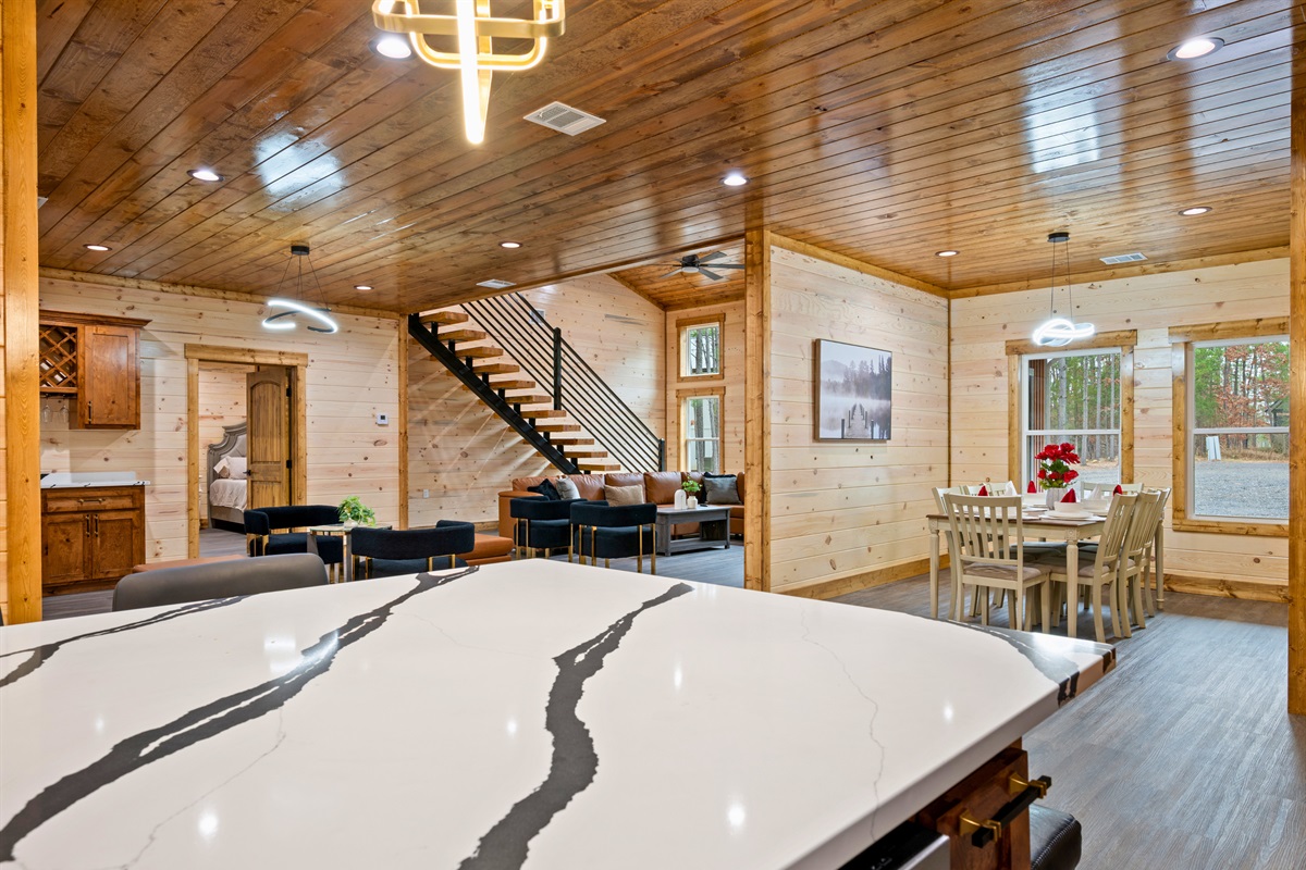 The oversized island provides lots of room for prepping meals, serving snacks, or gathering around for casual conversation.