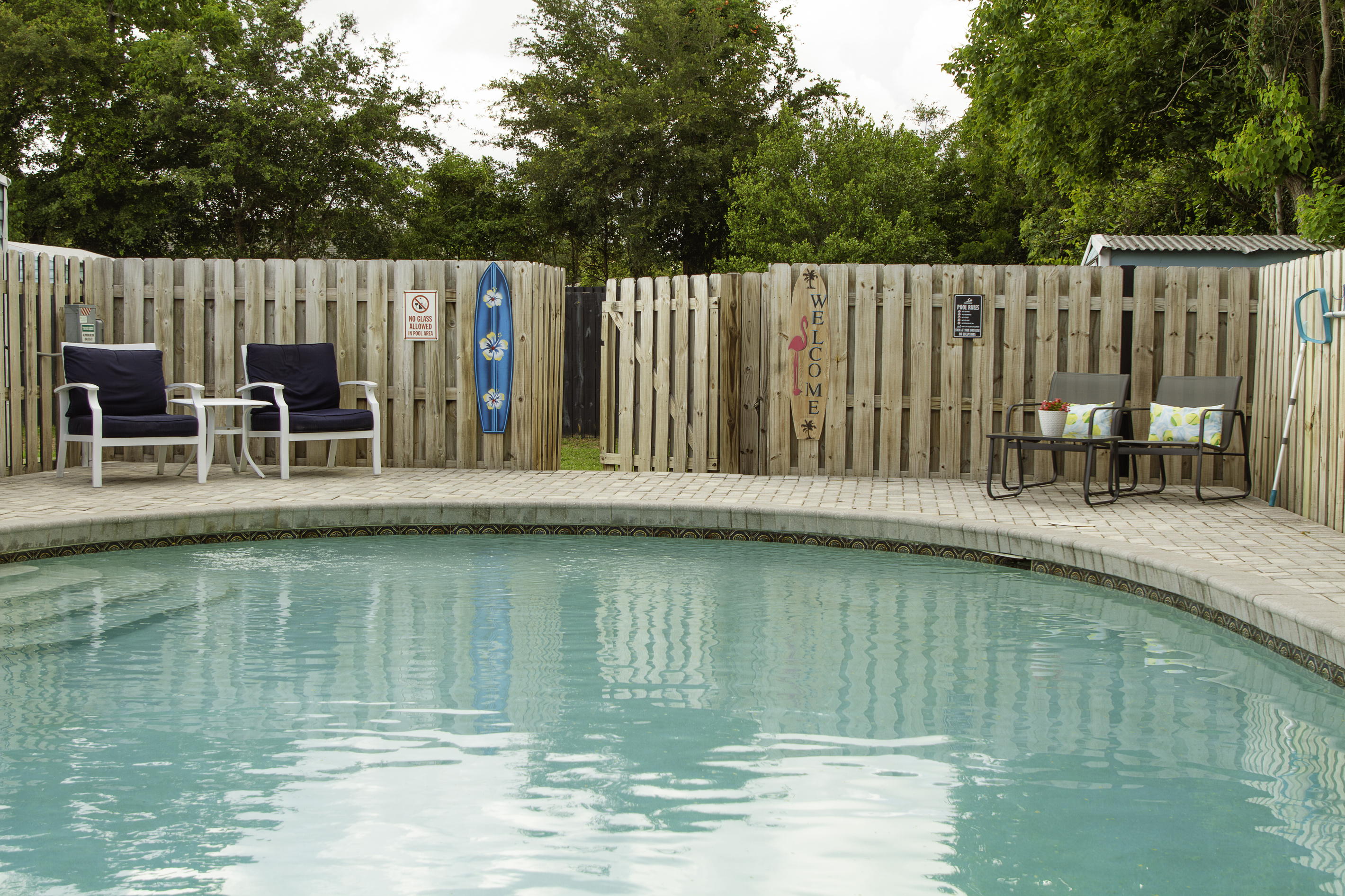 A view of the pool area facing the entry gate