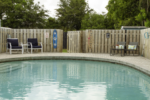 A view of the pool area facing the entry gate