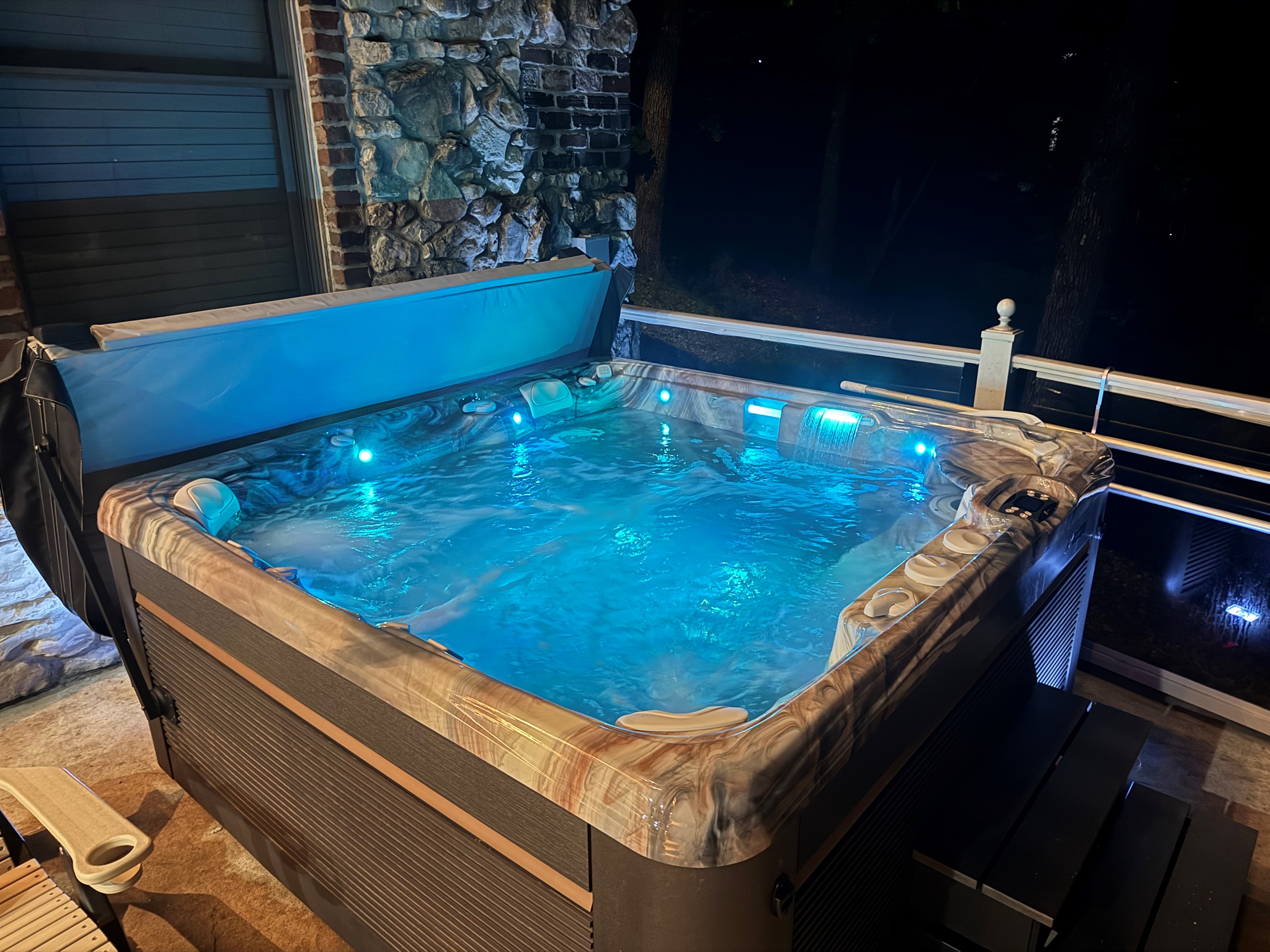 Salt-water Hot tub has LED lights and speaker system