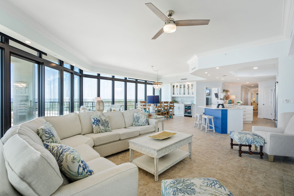 Spacious family room open to dining, kitchen & wet bar w/ incredible beach view