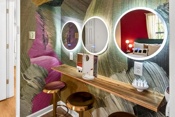 Luxe Nova is equipped to provide everyone in the group vanity space to get ready on time! Multiple vanity spaces in bedrooms and bathrooms with magnifying mirrors and hair dryers. These are both back and front lit mirrors to glam you up!