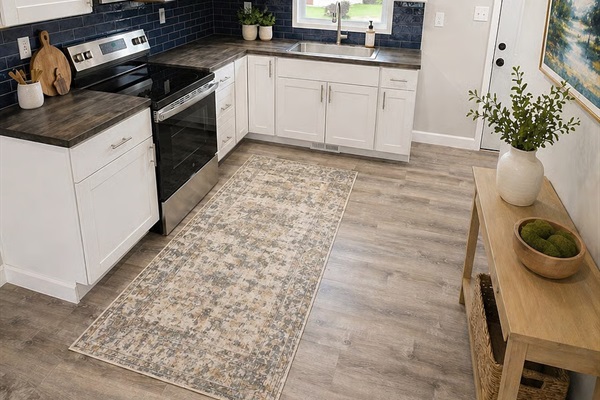 Navy Unique Backsplash with Butcher Block Countertops!