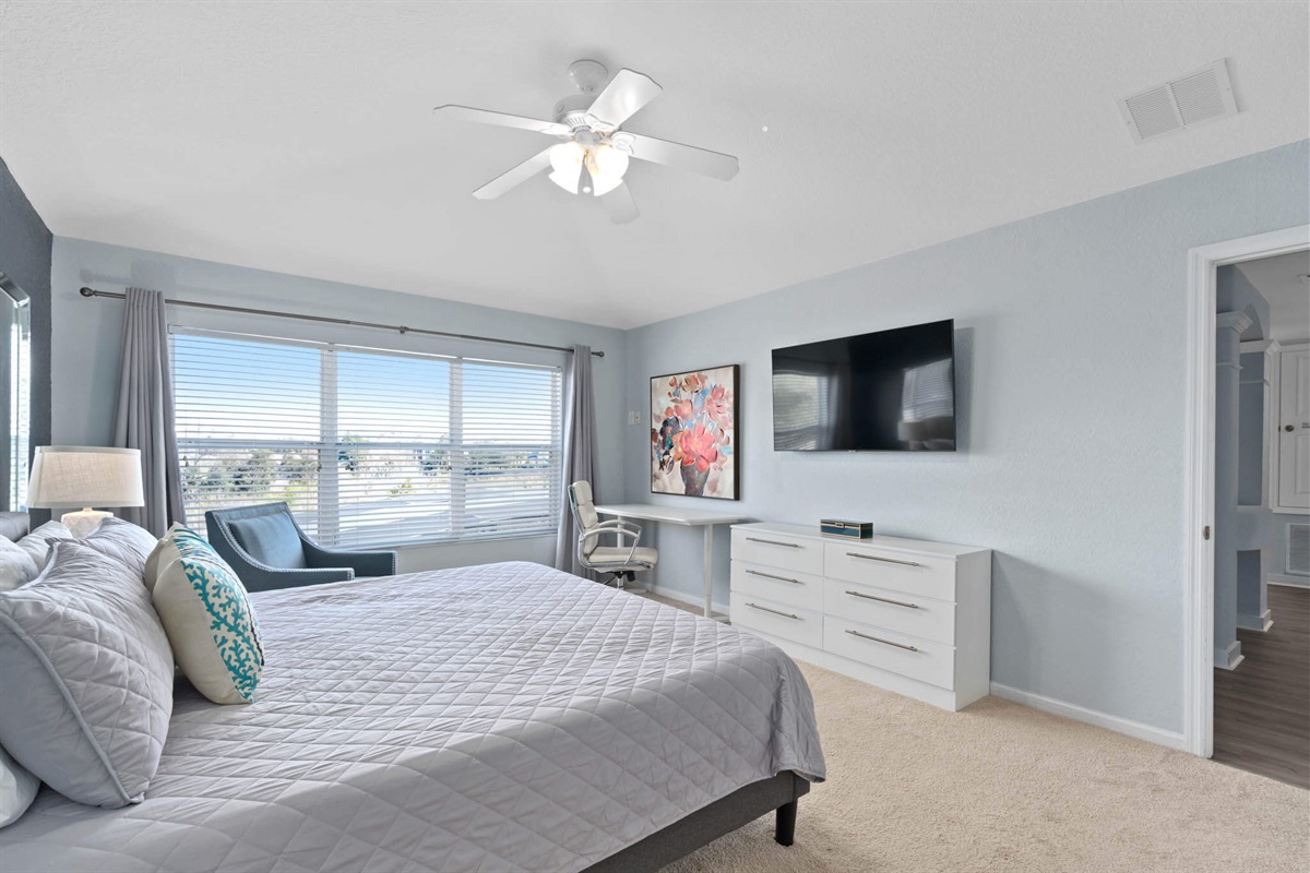 Upstairs Primary Ensuite with 55" TV - Now with luxury vinyl flooring!