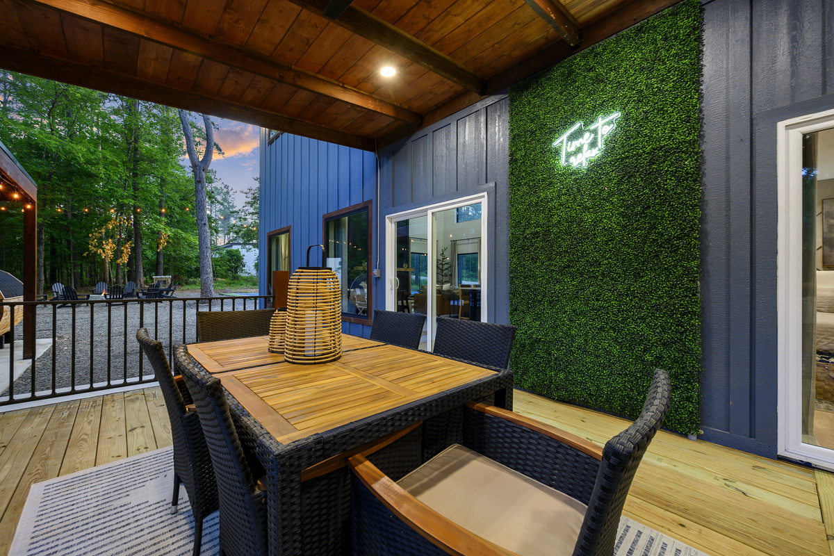 Dinner tastes better outside. Gather around the covered deck for meals together, surrounded by towering pines with the pool, pond & outdoor fun all just steps away.