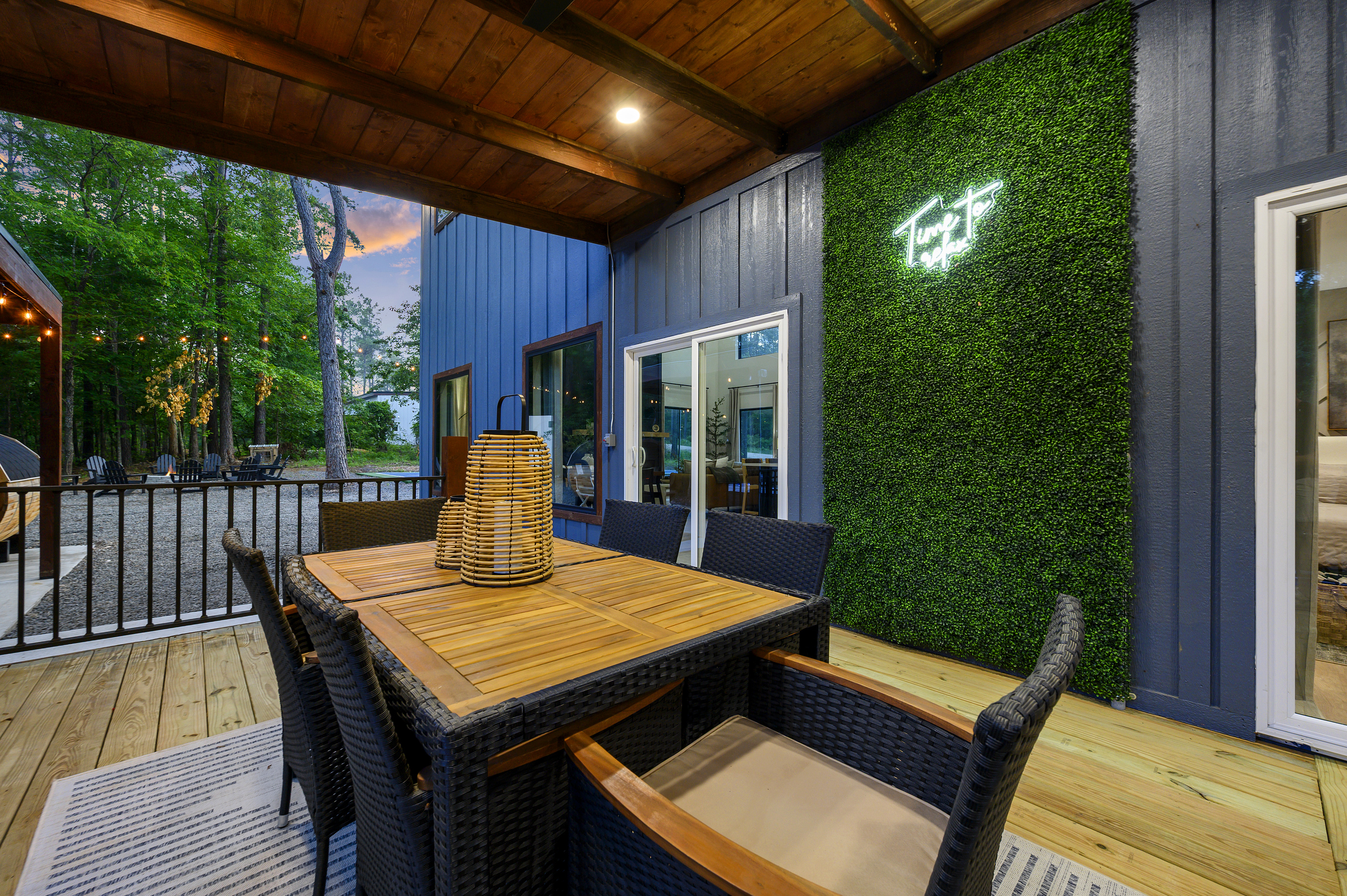 Dinner tastes better outside. Gather around the covered deck for meals together, surrounded by towering pines with the pool, pond & outdoor fun all just steps away.