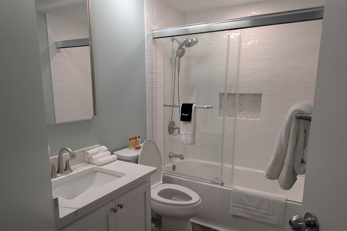 Shared bathroom in the hallway by the dual queen and second king bedrooms.  Tub for the kids!
