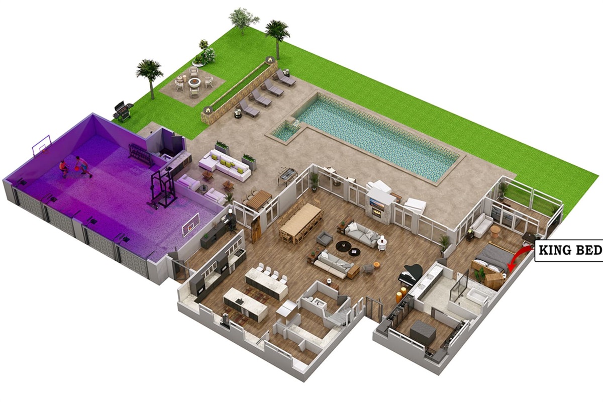 First floor layout with garage that doubles as air-conditioned gymnasium with blacklight glow-in-the-dark pickleball, basketball, and dodgeball.
