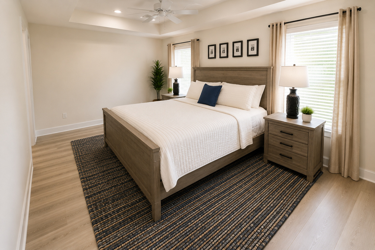 Stretch out in the king bedroom after a day of salt and sun — soft lamplight, a striped duvet, and tall windows that let the morning in gently. The only hard decision from this pillow is beach first or pool first.