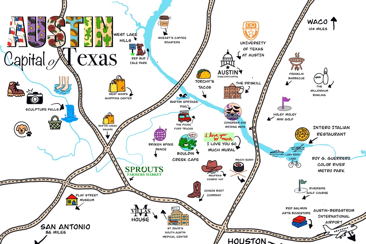 Local Highlights: Explore vibrant ATX with this fun, artistic map showcasing must-visit spots!