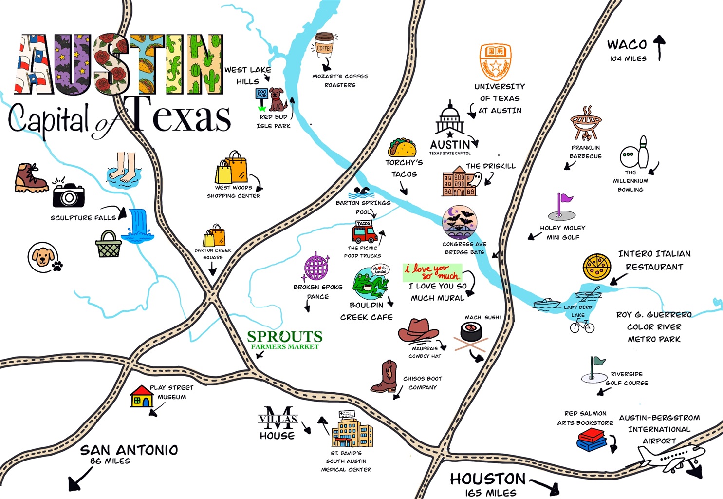 Local Highlights: Explore vibrant ATX with this fun, artistic map showcasing must-visit spots!