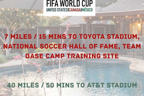 Close proximity to Teams Training Stadium ( for possible open training sessions) and 30-45 minutes to main events Venue