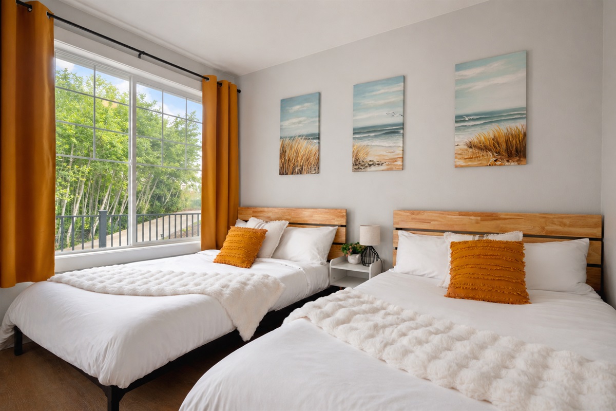 Two full sized beds with medium-firm mattresses. All of our sheets are hotel grade Egyptian cotton 400 thread count because great sleep matters while you are on vacation.