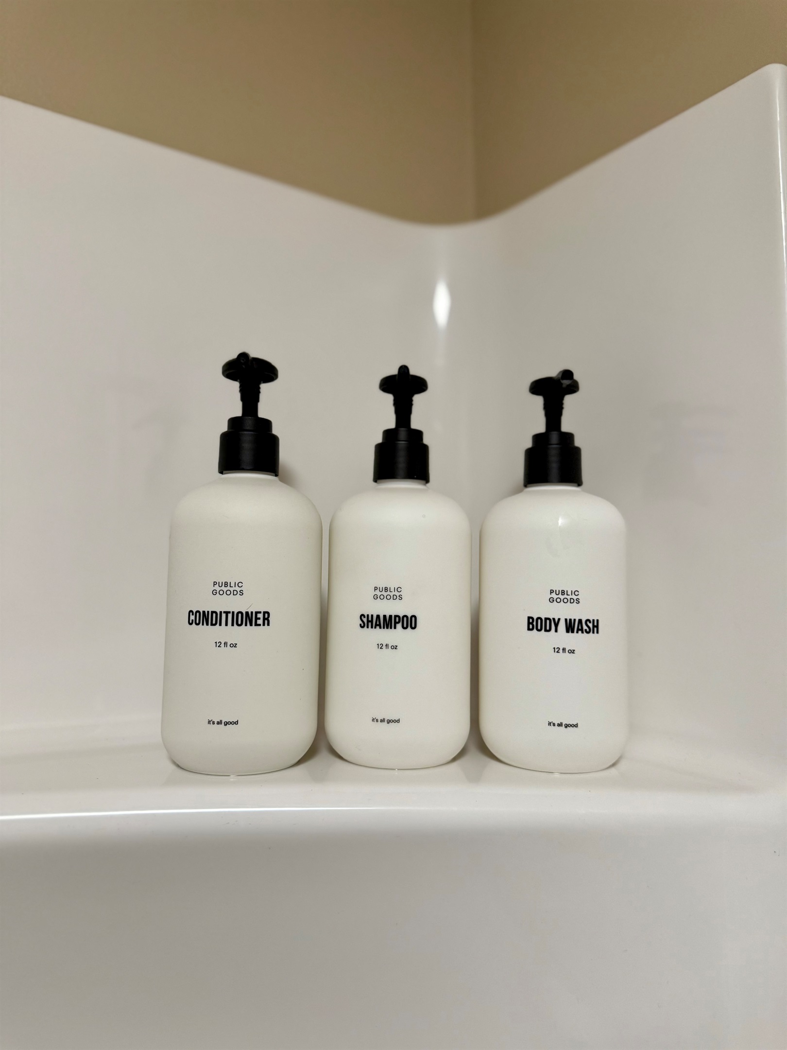 The full bathroom features Public Goods bath products that are free from parabens, synthetic fragrance, sodium lauryl sulfates, phthalates and anything from formaldehyde.