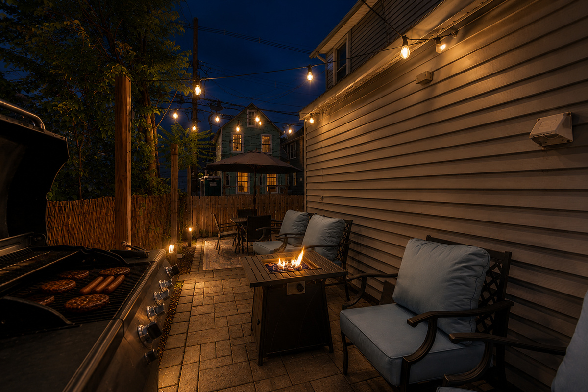 Picture the fire crackling, the string lights glowing, and nowhere you need to be. This backyard fire pit patio is where your shore nights begin, drink in hand under the Edison lights.