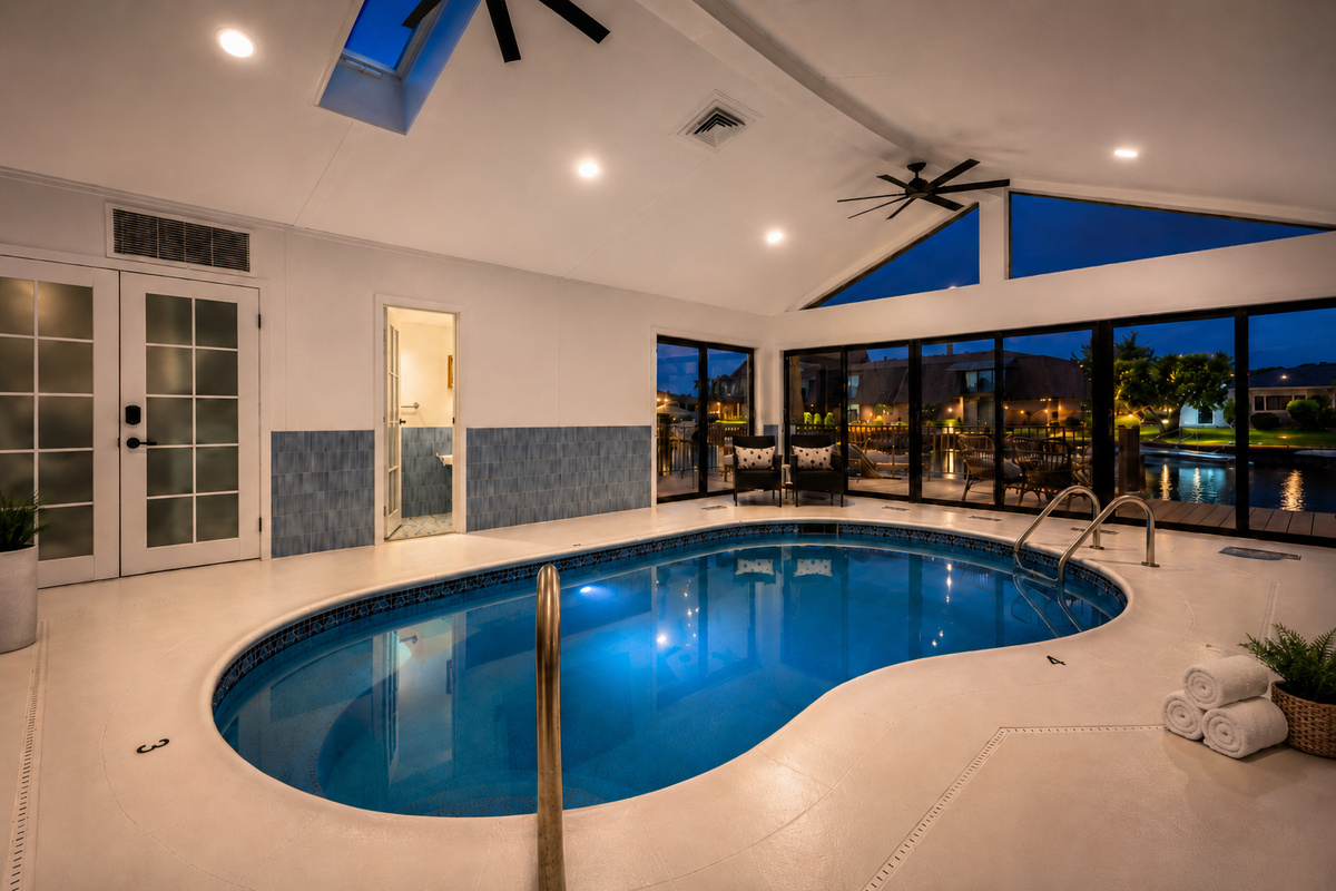 Enjoy year-round swimming in the private indoor heated pool, surrounded by soaring ceilings, skylights, and walls of windows that fill the space with natural light.