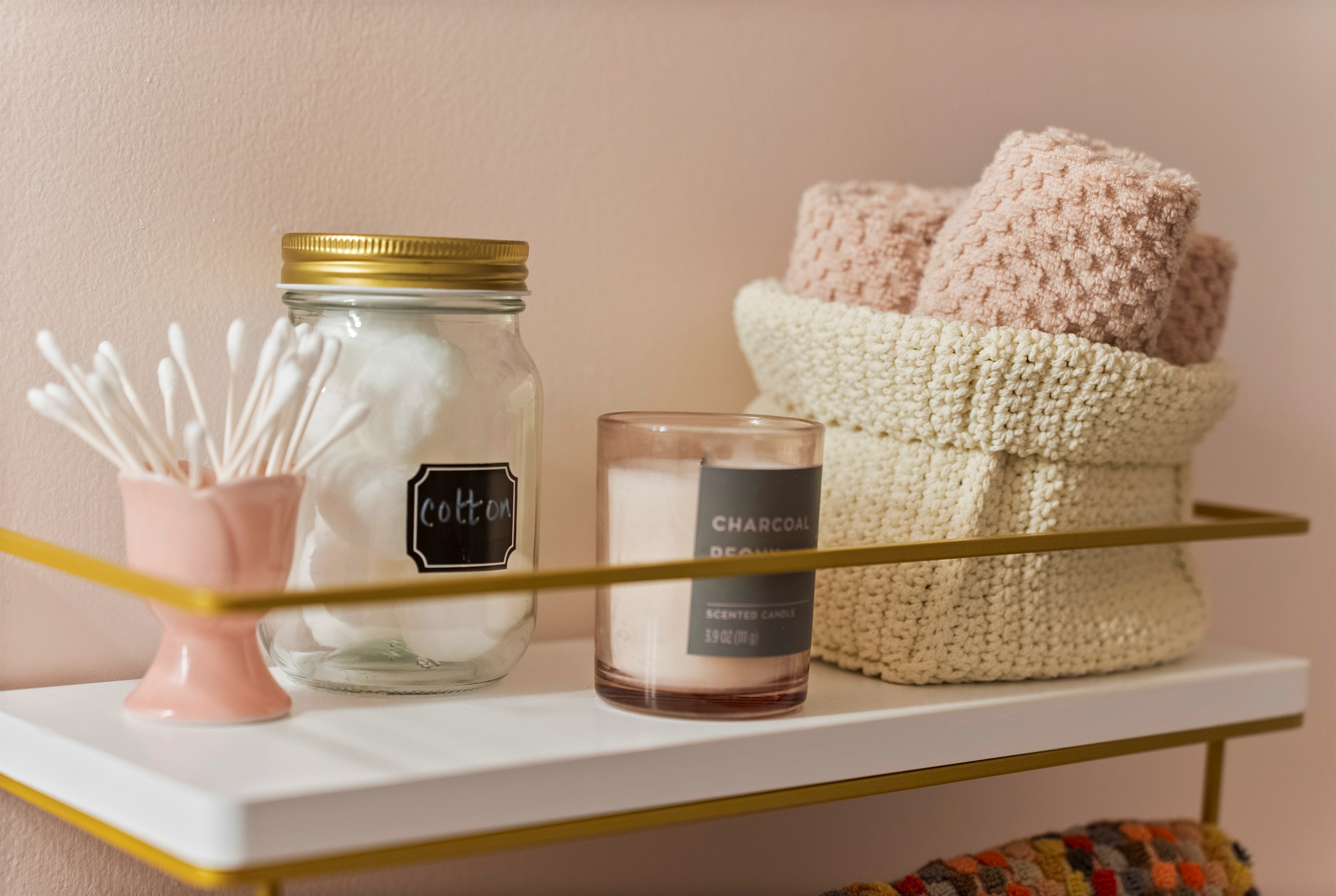 Main bathroom shelf with spa like essentials.
