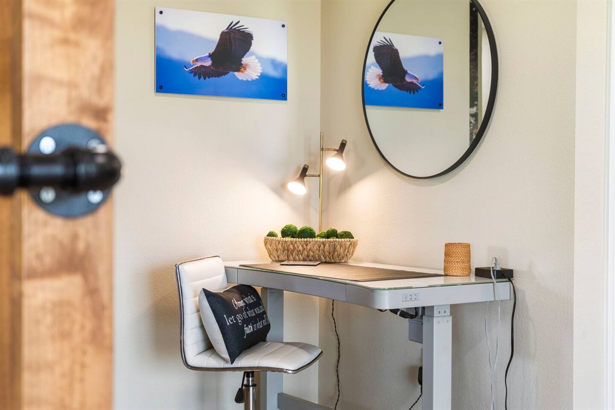 Quiet workspace with desk and WiFi for remote guests.