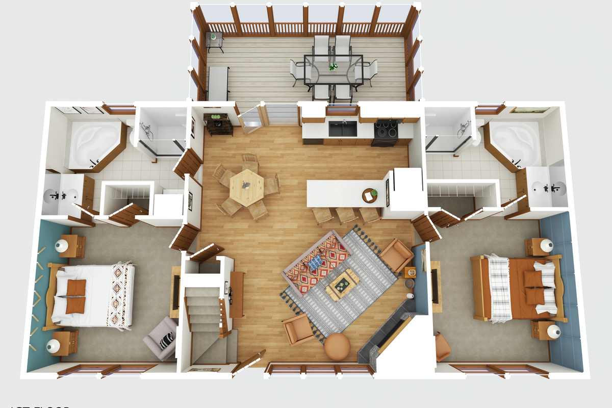 Room for everyone! The main level combines the great room and kitchen with 2 private king suites, each with its own bathroom.