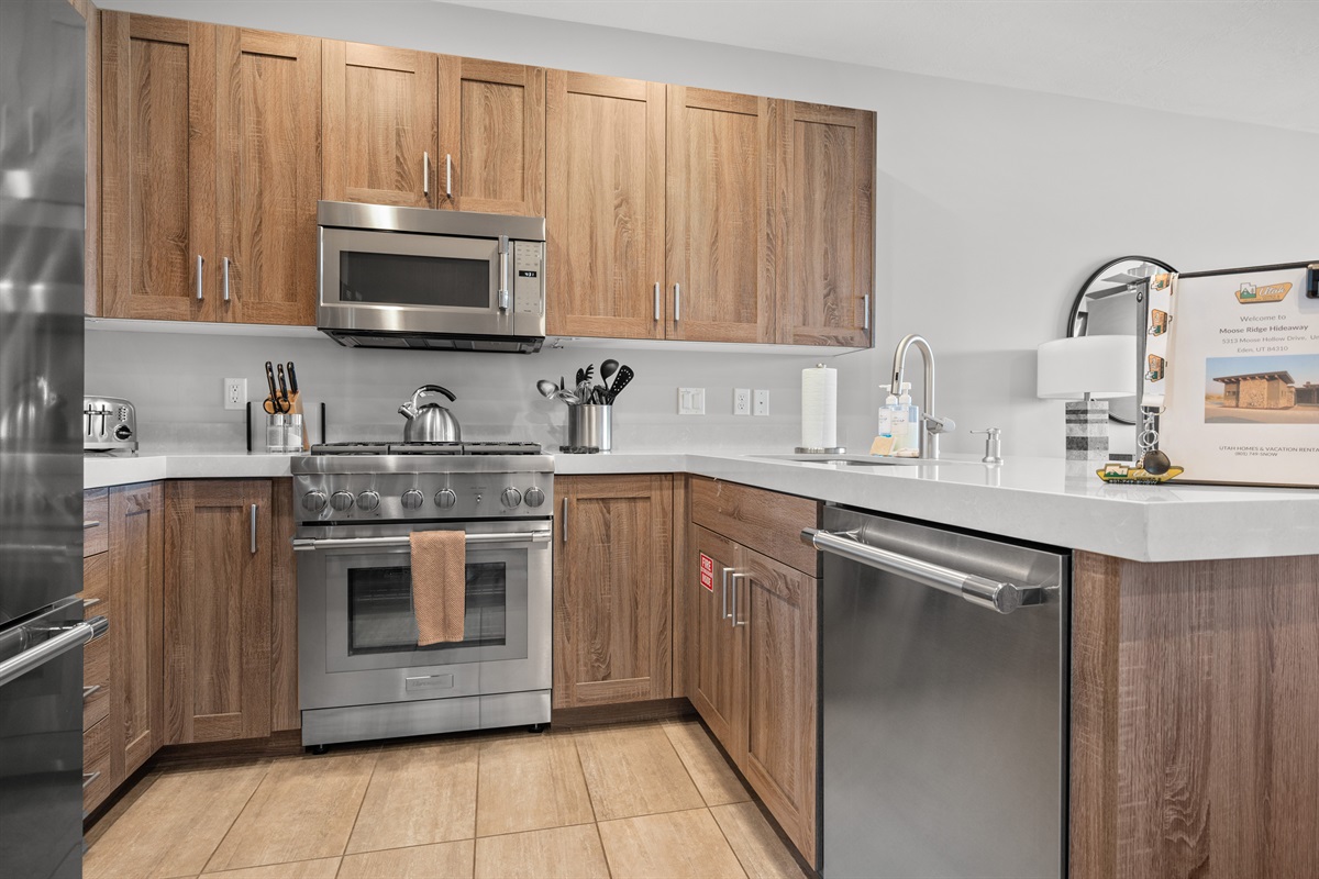 Modern kitchen with quartz countertops and ample prep space