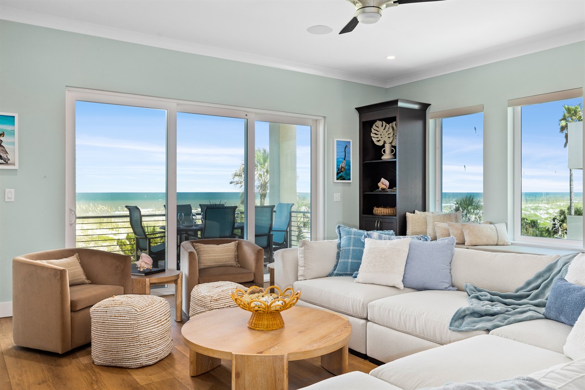 Spacious living area designed for gathering with an incredible view