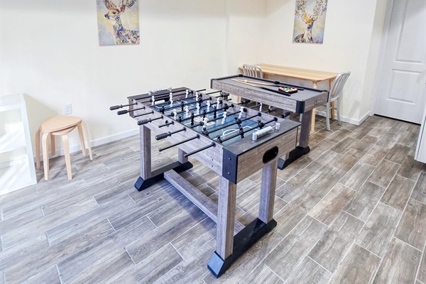 Lower level with Smart TV, PlayStation 5, foosball, mini pool table