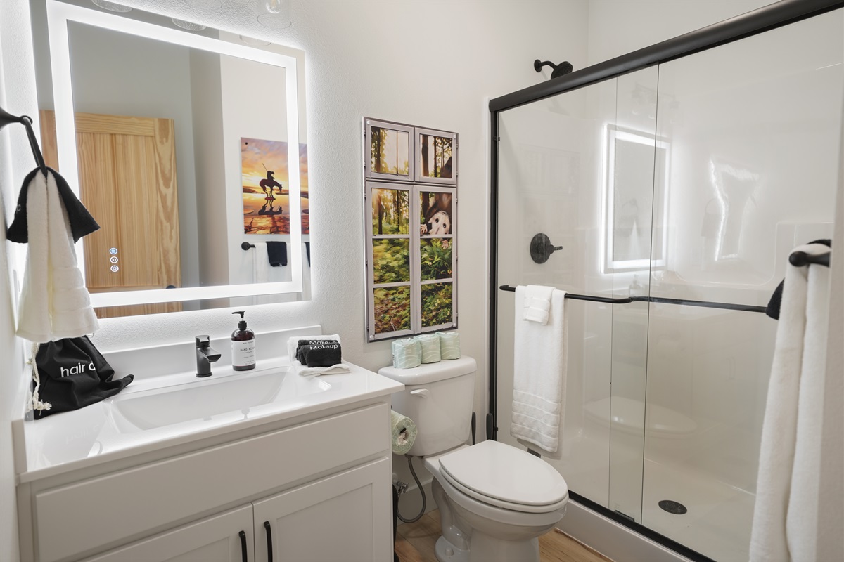 Attached ensuite bathroom with walk-in shower and lighted LED mirror