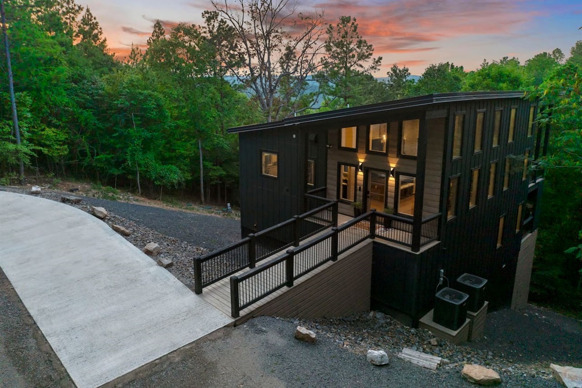 Front of the Honeycomb Hideout at dusk.  Look at those rainbow skies!