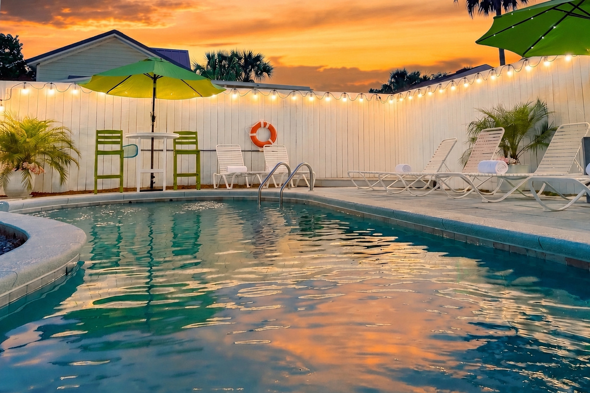 The private backyard pool is the highlight of this beach house. It can optionally be heated up to 88-degrees!
