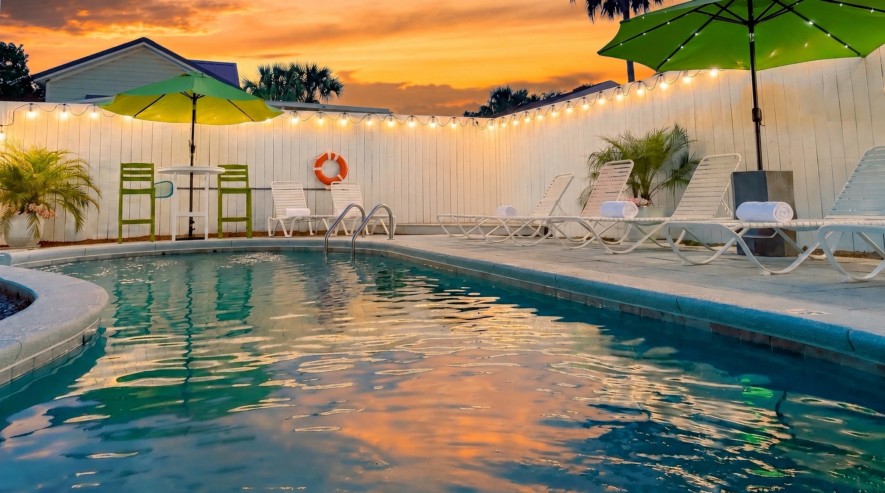 The private backyard pool is the highlight of this beach house. It can optionally be heated up to 88-degrees!