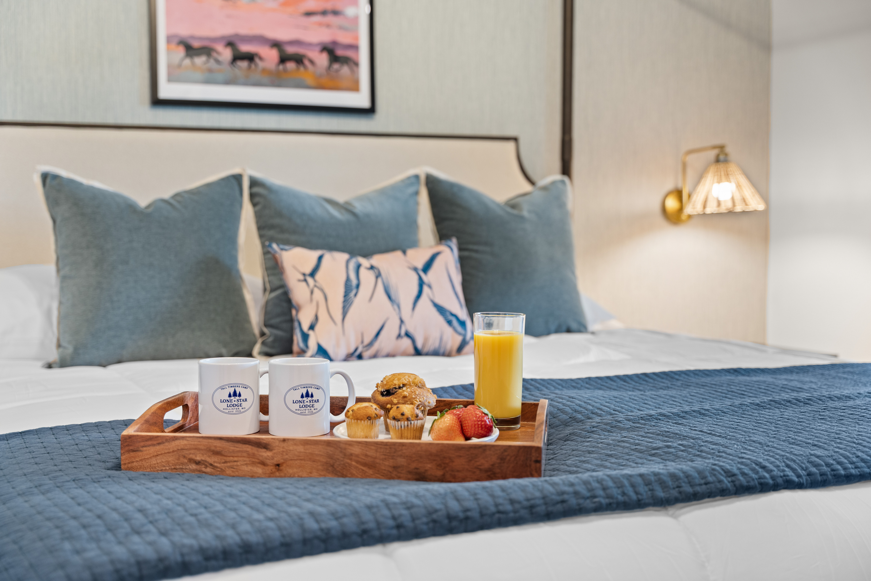 Enjoy breakfast in bed with Lone Star Lodge mugs and a horizon of green Ozark hills.