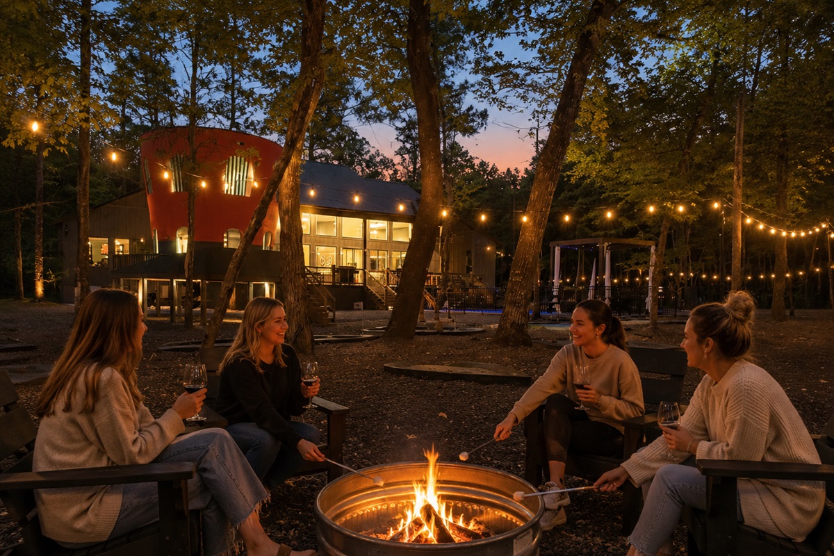 Outdoor Fire Pit: Gather around the fire under twinkling lights and create unforgettable memories!