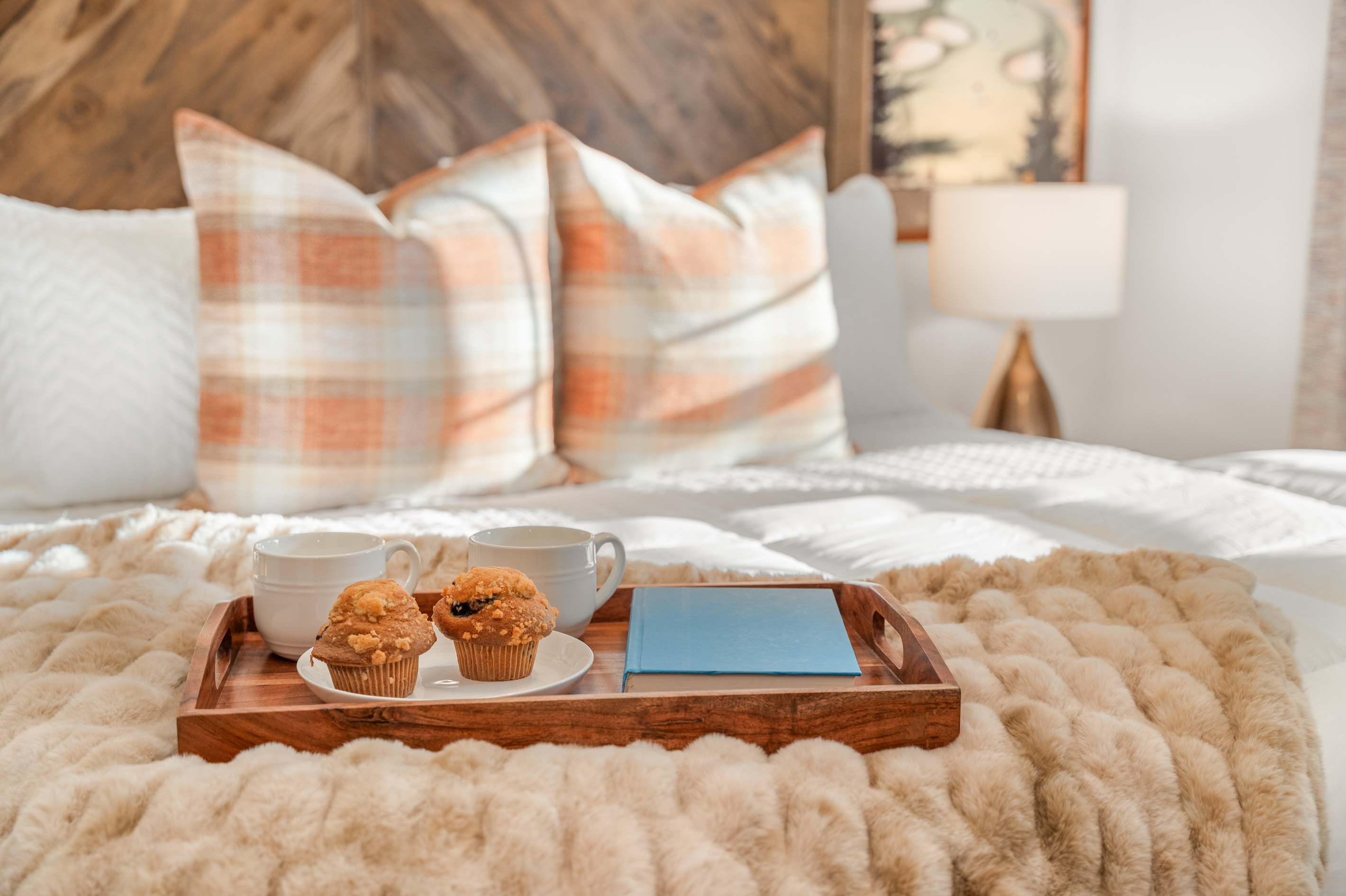 Breakfast in bed, warm muffins and coffee on a plush faux-fur throw sounds like a great way to start the day!