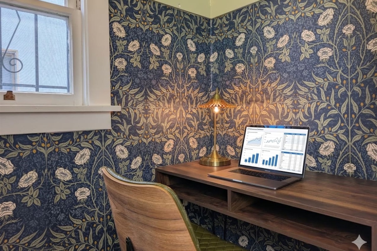Dedicated workspace with a desk, comfortable chair, and Wi-Fi.