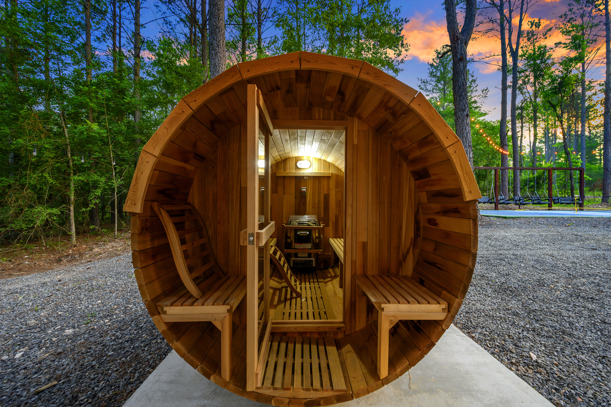 A little wellness retreat of your own. This private 4-person barrel sauna brings the spa experience right to the cabin, surrounded by towering pines and steps from the hot tub.
